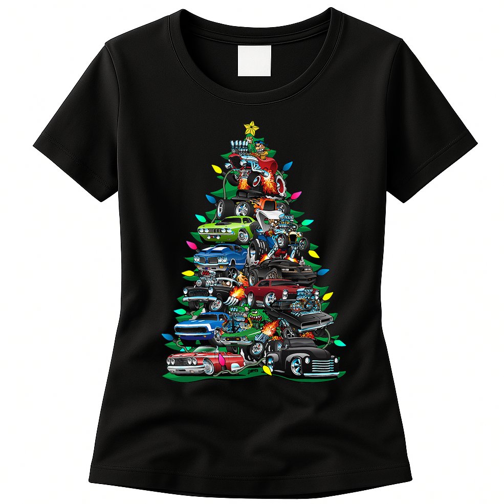 Car Madness Christmas Tree! Classic Muscle Cars And Hotrods Womens T-Shirt
