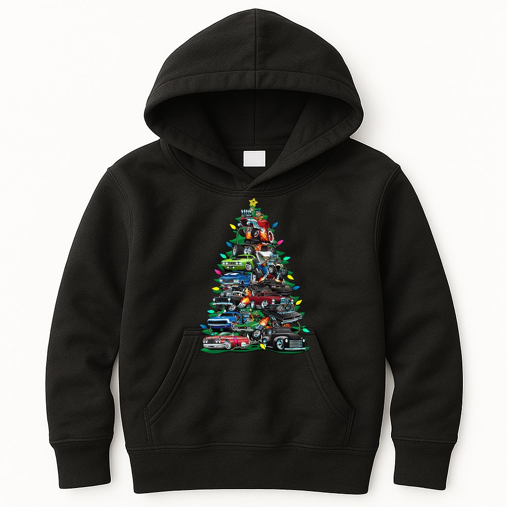Car Madness Christmas Tree! Classic Muscle Cars And Hotrods Kids Hoodie