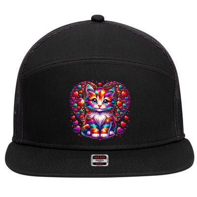 Cute Multicolor Cat Heart Valentines Day For Kitties Lovers 7 Panel Mesh Trucker Snapback Hat