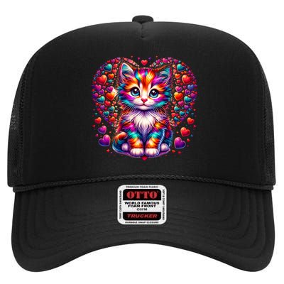 Cute Multicolor Cat Heart Valentines Day For Kitties Lovers High Crown Mesh Back Trucker Hat