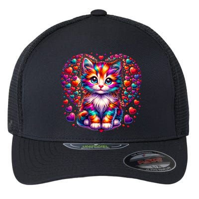 Cute Multicolor Cat Heart Valentines Day For Kitties Lovers Flexfit Unipanel Trucker Cap