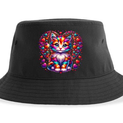 Cute Multicolor Cat Heart Valentines Day For Kitties Lovers Sustainable Bucket Hat