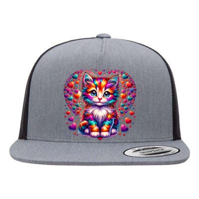 Cute Multicolor Cat Heart Valentines Day For Kitties Lovers Flat Bill Trucker Hat