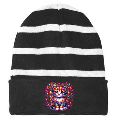 Cute Multicolor Cat Heart Valentines Day For Kitties Lovers Striped Beanie with Solid Band