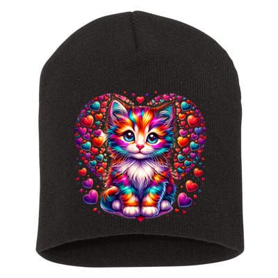 Cute Multicolor Cat Heart Valentines Day For Kitties Lovers Short Acrylic Beanie