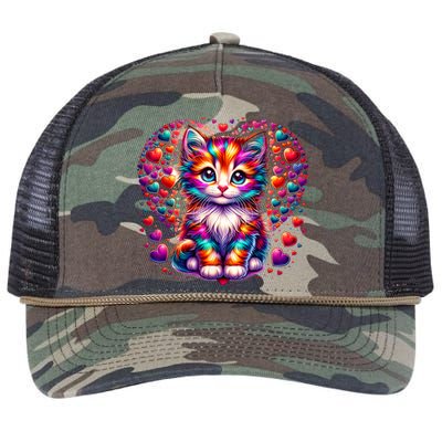 Cute Multicolor Cat Heart Valentines Day For Kitties Lovers Retro Rope Trucker Hat Cap