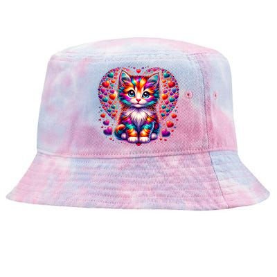 Cute Multicolor Cat Heart Valentines Day For Kitties Lovers Tie-Dyed Bucket Hat