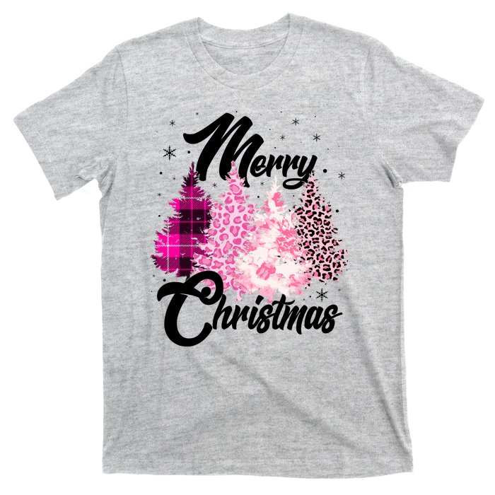 Cute Merry Christmas Pink Pattern Christmas Pine Trees T-Shirt