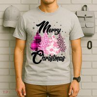 Cute Merry Christmas Pink Pattern Christmas Pine Trees T-Shirt