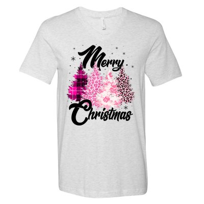 Cute Merry Christmas Pink Pattern Christmas Pine Trees V-Neck T-Shirt