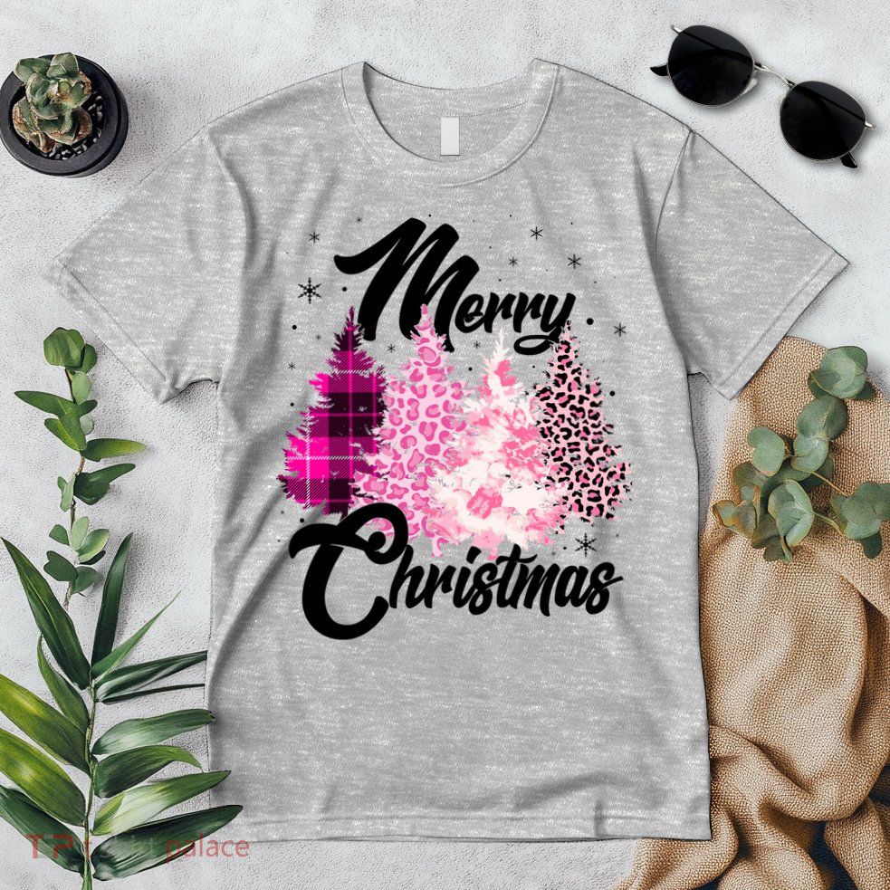 Cute Merry Christmas Pink Pattern Christmas Pine Trees Premium T-Shirt
