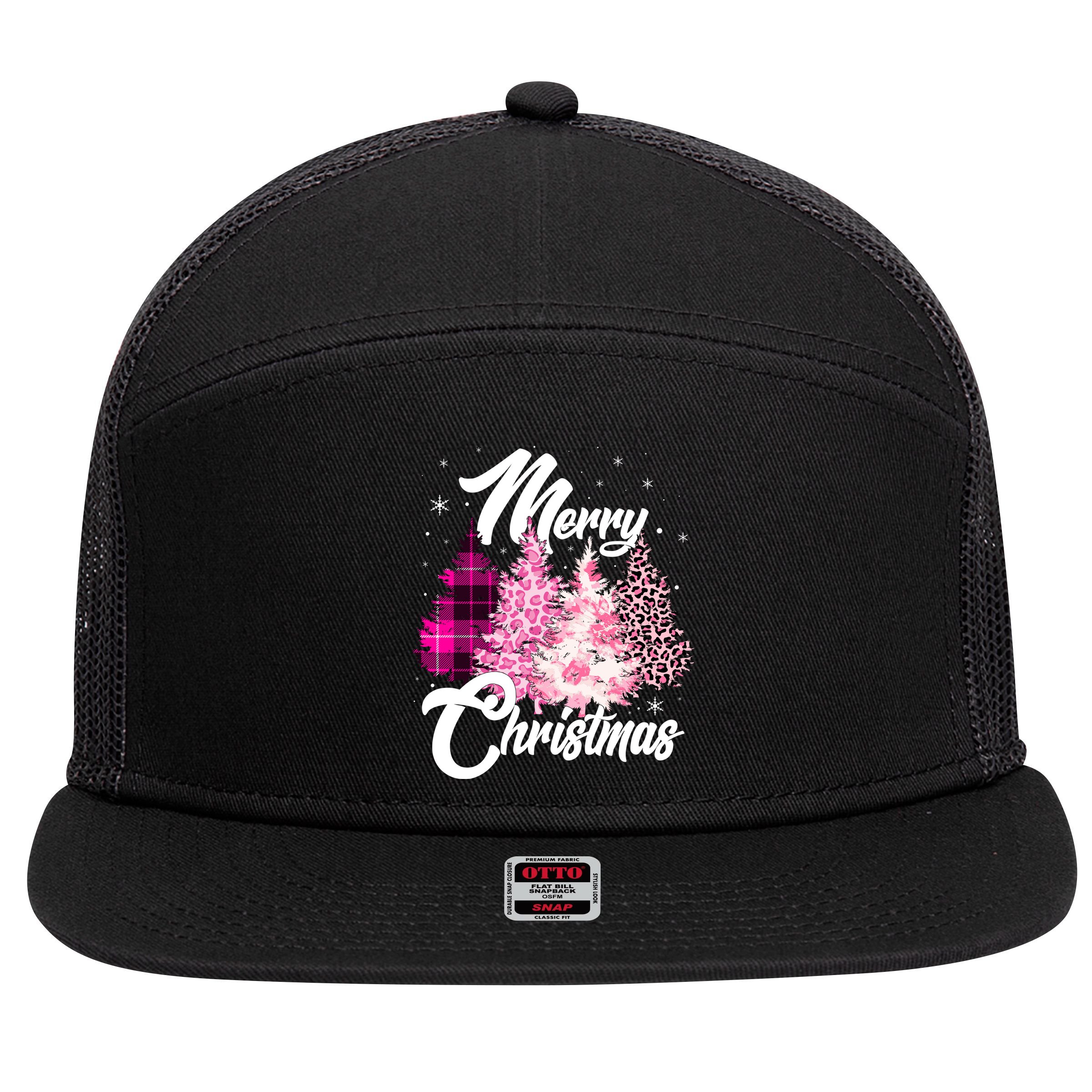 Cute Merry Christmas Pink Pattern Christmas Pine Trees 7 Panel Mesh Trucker Snapback Hat