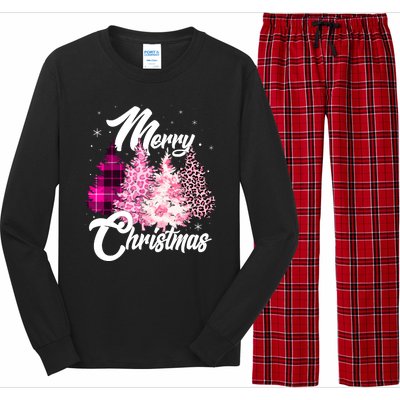 Cute Merry Christmas Pink Pattern Christmas Pine Trees Long Sleeve Pajama Set