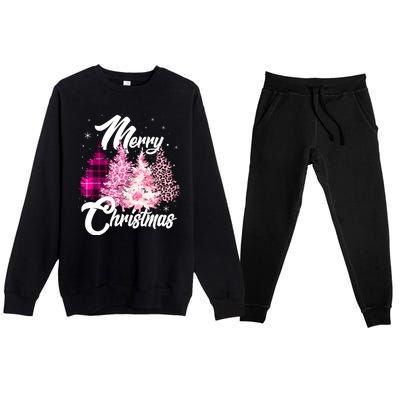 Cute Merry Christmas Pink Pattern Christmas Pine Trees Premium Crewneck Sweatsuit Set