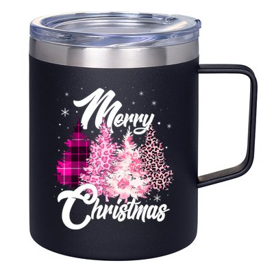 Cute Merry Christmas Pink Pattern Christmas Pine Trees 12oz Stainless Steel Coffee Mug