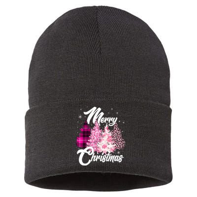 Cute Merry Christmas Pink Pattern Christmas Pine Trees Sustainable Knit Beanie