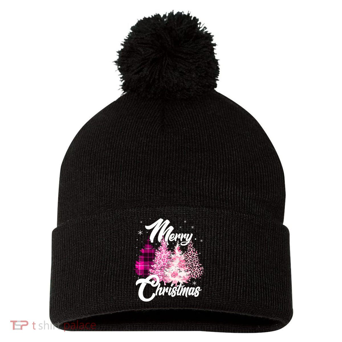 Cute Merry Christmas Pink Pattern Christmas Pine Trees Pom Pom 12in Knit Beanie