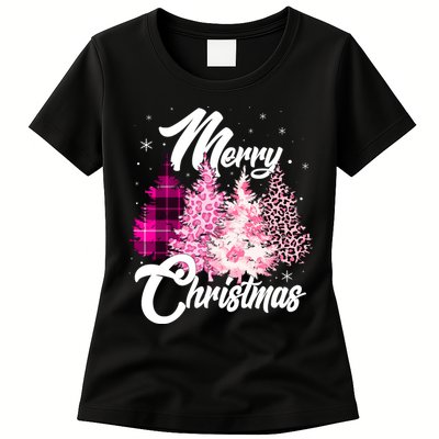 Cute Merry Christmas Pink Pattern Christmas Pine Trees Womens T-Shirt