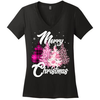 Cute Merry Christmas Pink Pattern Christmas Pine Trees Women's V-Neck T-Shirt