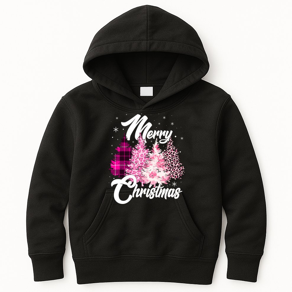 Cute Merry Christmas Pink Pattern Christmas Pine Trees Kids Hoodie