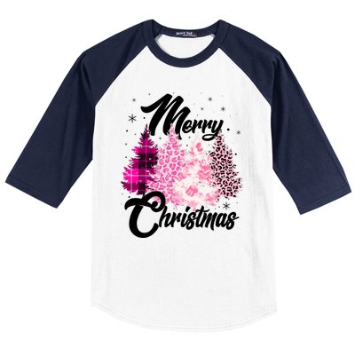 Cute Merry Christmas Pink Pattern Christmas Pine Trees Baseball Sleeve Shirt