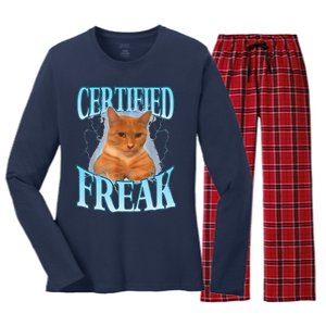 Cat Meme Certified Freak Eat Cement Cursed Cat Funny Women's Long Sleeve Flannel Pajama Set 