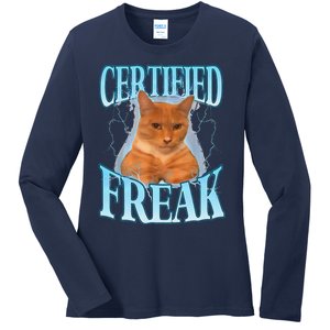 Cat Meme Certified Freak Eat Cement Cursed Cat Funny Ladies Long Sleeve Shirt