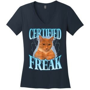 Cat Meme Certified Freak Eat Cement Cursed Cat Funny Women's V-Neck T-Shirt