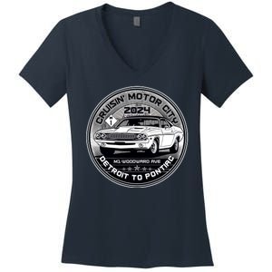 Cruisin Motor City Detroit To Pontiac 2024 Emblem Silver Version Women's V-Neck T-Shirt