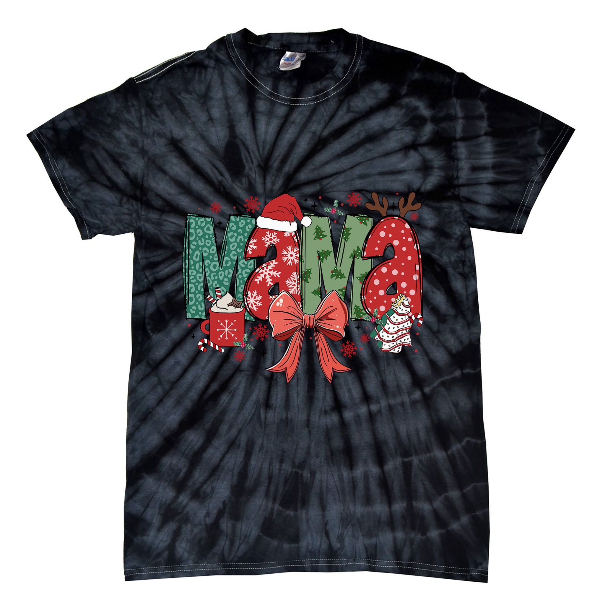 Christmas Mama Coquette Bow Mama Claus Christmas Tree Cake Tie-Dye T-Shirt