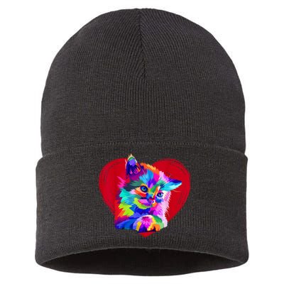 Cute Multicolor Cat Heart Valentines Day For Kitties Lovers Sustainable Knit Beanie