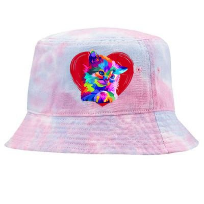 Cute Multicolor Cat Heart Valentines Day For Kitties Lovers Tie-Dyed Bucket Hat