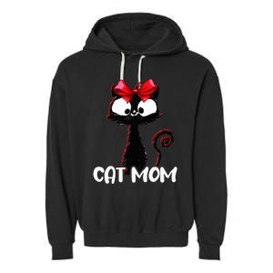 Cat Mom  Cute black cat with red ribbon  Bandana Black Cat Garment-Dyed Fleece Hoodie