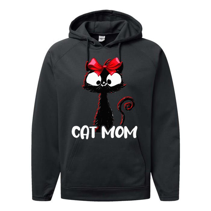 Cat Mom  Cute black cat with red ribbon  Bandana Black Cat Performance Fleece Hoodie