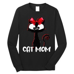 Cat Mom  Cute black cat with red ribbon  Bandana Black Cat Long Sleeve Shirt