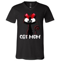 Cat Mom  Cute black cat with red ribbon  Bandana Black Cat V-Neck T-Shirt