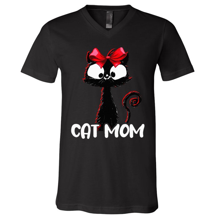 Cat Mom  Cute black cat with red ribbon  Bandana Black Cat V-Neck T-Shirt