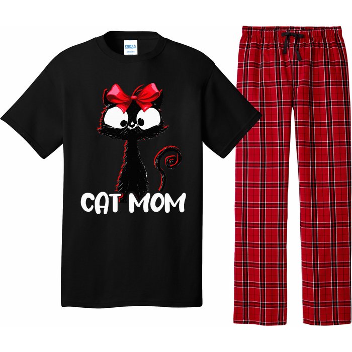 Cat Mom  Cute black cat with red ribbon  Bandana Black Cat Pajama Set