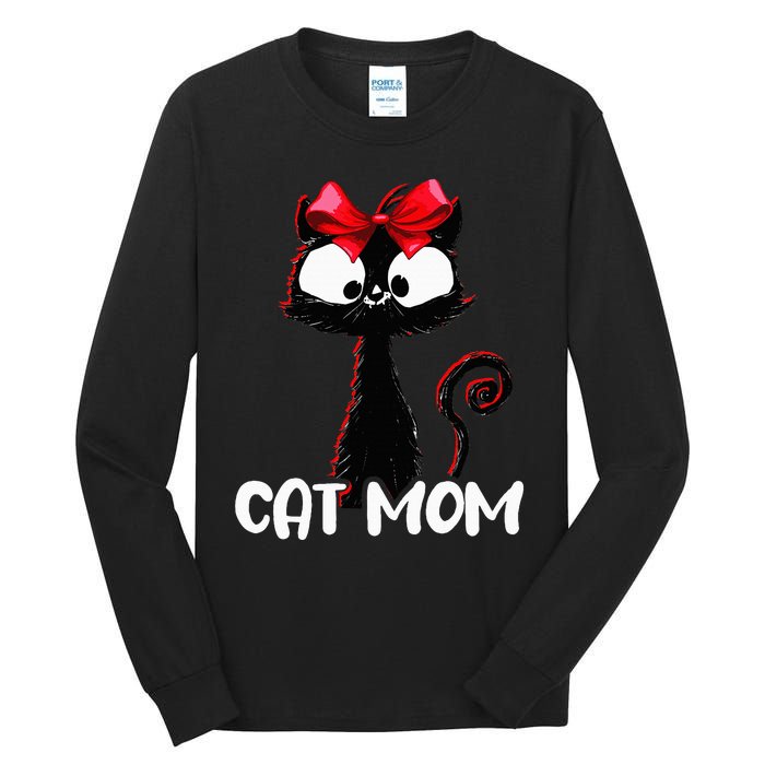 Cat Mom  Cute black cat with red ribbon  Bandana Black Cat Tall Long Sleeve T-Shirt