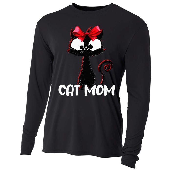 Cat Mom  Cute black cat with red ribbon  Bandana Black Cat Cooling Performance Long Sleeve Crew