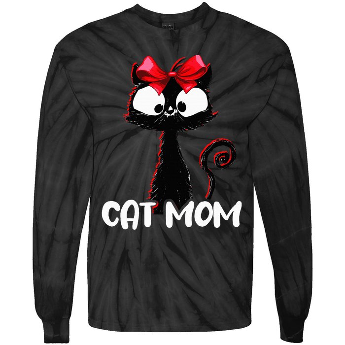 Cat Mom  Cute black cat with red ribbon  Bandana Black Cat Tie-Dye Long Sleeve Shirt