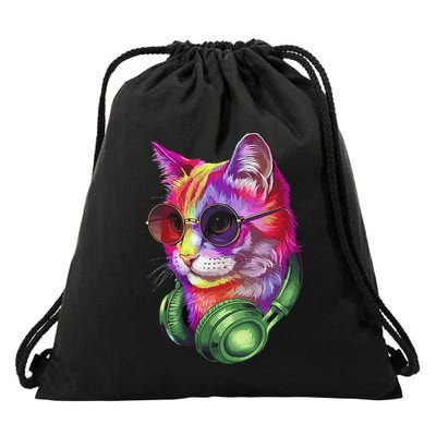 Colorful Music Cat Headphones Techno Rave Edm Music Festival Drawstring Bag
