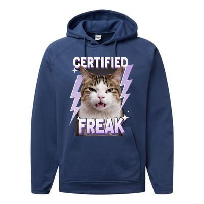 Cat Meme Certified Freak Eat Cement Cursed Cat Funny Performance Fleece Hoodie