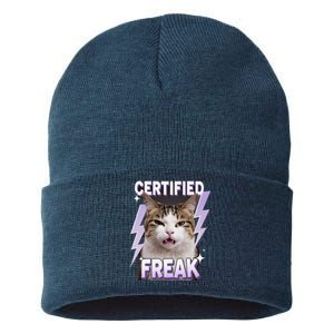 Cat Meme Certified Freak Eat Cement Cursed Cat Funny Sustainable Knit Beanie