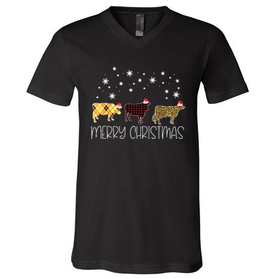 Cow Merry Christmas Cute Plaid Leopard Xmas Pajama Farmer V-Neck T-Shirt