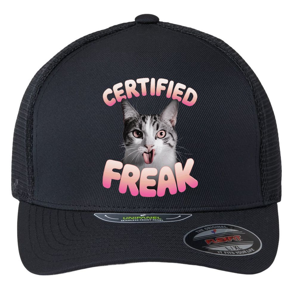 Cat Meme Certified Freak Eat Cement Cursed Cat Funny Flexfit Unipanel Trucker Cap