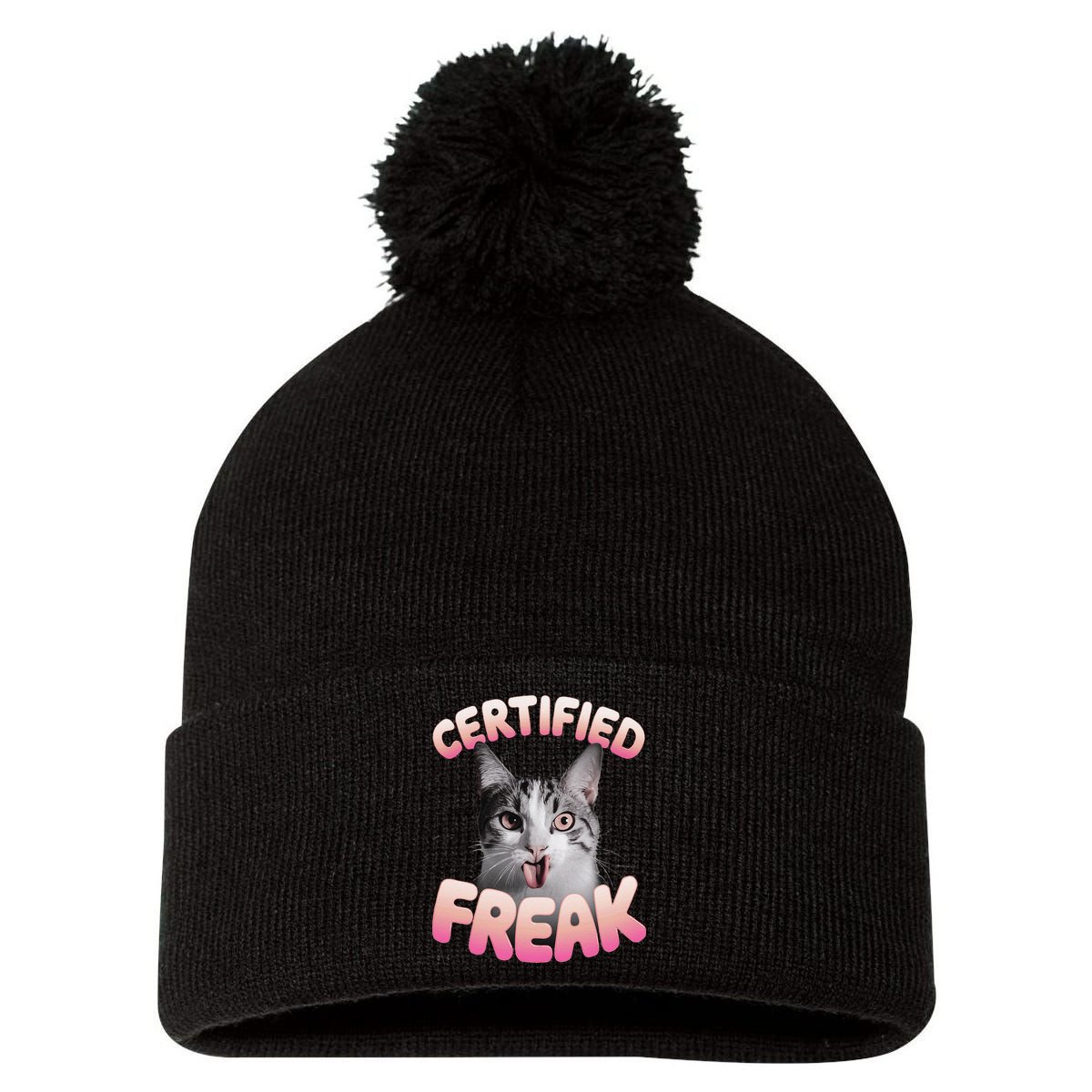 Cat Meme Certified Freak Eat Cement Cursed Cat Funny Pom Pom 12in Knit Beanie
