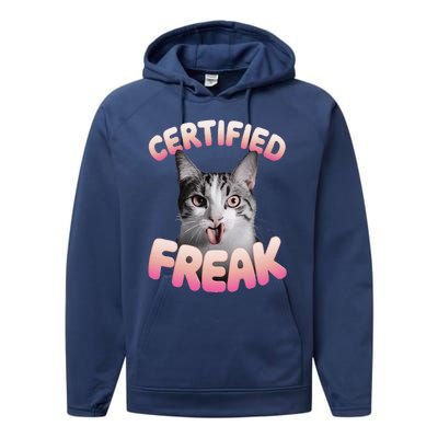 Cat Meme Certified Freak Eat Cement Cursed Cat Funny Performance Fleece Hoodie