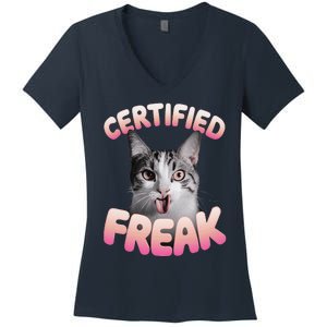 Cat Meme Certified Freak Eat Cement Cursed Cat Funny Women's V-Neck T-Shirt