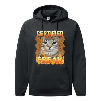 Cat Meme Certified Freak Eat Cement Cursed Cat Funny Performance Fleece Hoodie